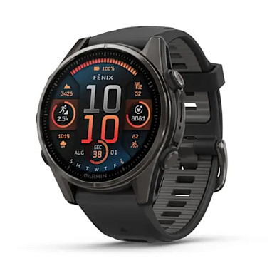 Fenix 8 - 43 мм AMOLED Sapphire титан DLC серый карбон, силиконовый ремешок черного/серого цвета